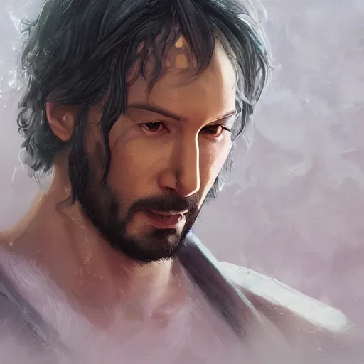 Image similar to Portrait of Keanu, D&D, face, fantasy, intricate, elegant, highly detailed, digital painting, artstation, concept art, smooth, sharp focus, illustration, art by artgerm and greg rutkowski and alphonse mucha