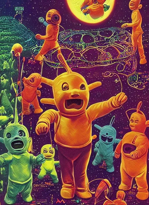 Image similar to teletubbies disgusting true form revealed, horror, high details, intricate details, by vincent di fate, artgerm julie bell beeple, 1 9 8 0 s, inking, vintage 8 0 s print, screen print