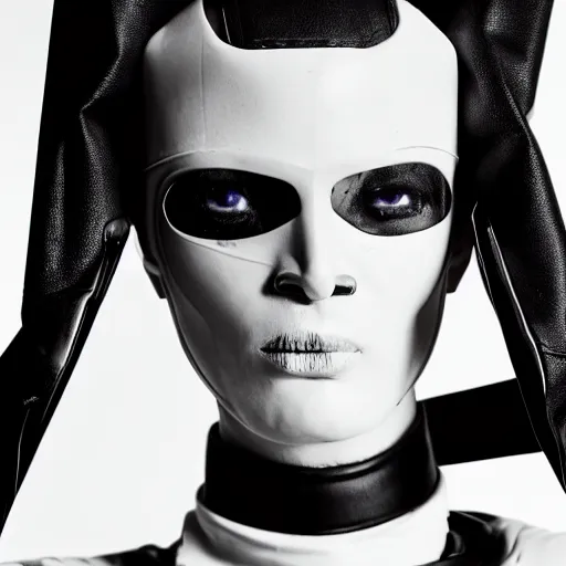 Image similar to fashion black and white photography of an extraterrestrial model, wearing a gaz mask, wearing demobaza fashion, inside berghain, berlin fashion, harness, futuristic fashion, dark minimal outfit, photo 3 5 mm leica, hyperdetail, berghain, 8 k, very detailed, photo by nick knight