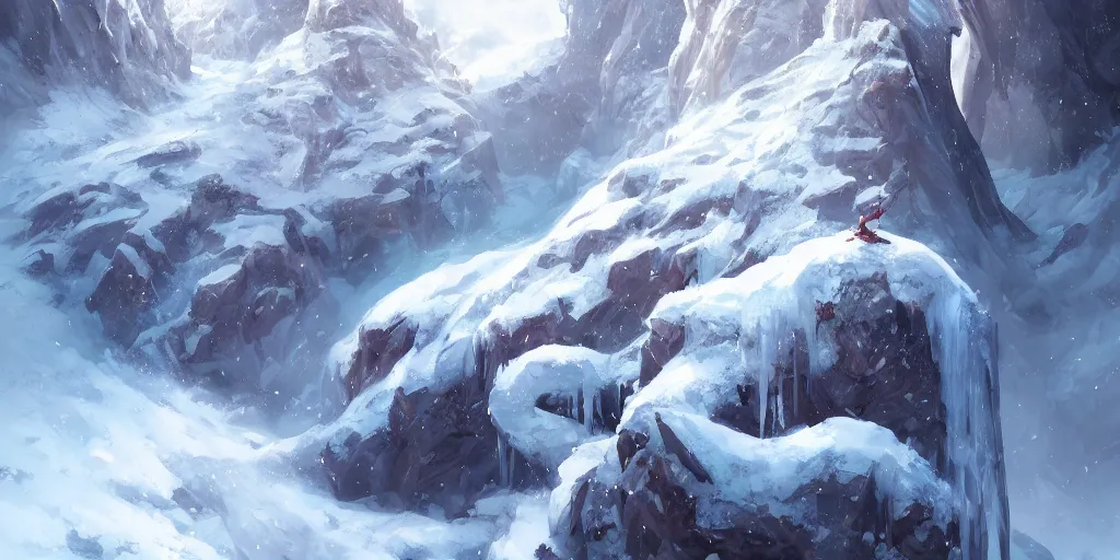 Prompt: an ice dragon resting on a beautiful snow-covered mountain, rocky overhangs, ice formations, fantasy digital painting by Andreas Rocha