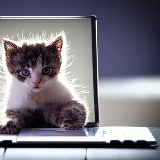 Image similar to an cute kitten is sticking its head out of a monitor of a laptop