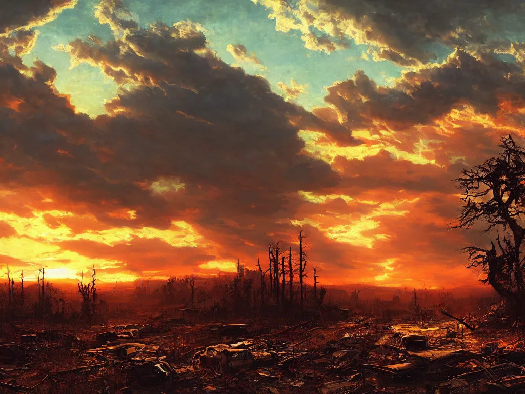 Image similar to a post apocalyptic atlanta landscape after a nuclear war, beautiful radioactive sunset lighting, beautiful painting, fallout 4, painted by albert bierstadt