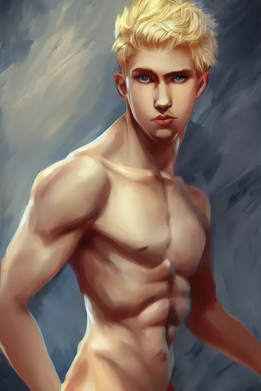 Prompt: A boy with blonde hair and blue eyes, sexy body, NFT art, high art, artstation, digital art