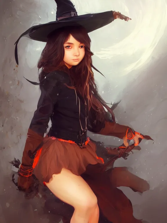 Image similar to Full shot of a cute mischievous young witch about to get up to some trouble. Latin American fashion. Black and Orange palette. Latina girl. brown skin. By Ruan Jia and Artgerm and Range Murata and WLOP. Key Art. Fantasy Illustration. award winning, Artstation, intricate details, realistic, Hyperdetailed, 8k resolution.