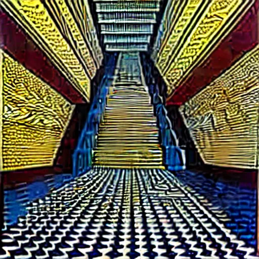 Prompt: inside a very large room with many staircases, insanely Intricate, exquisitely ornate, art by Maurits Cornelis Escher and Victor Vasarely and Rob Gonsalves