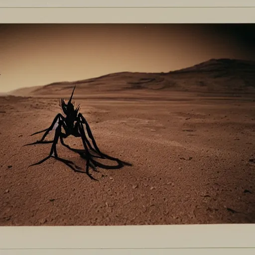 Prompt: wetplate photography, david bowie riding a spider on mars