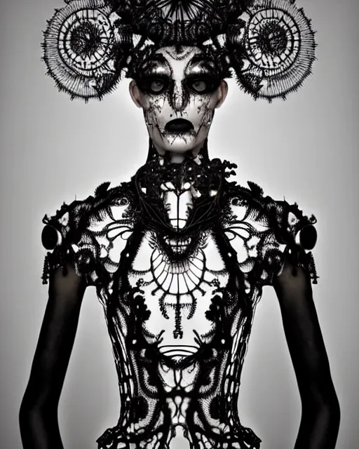 Prompt: surreal dark black and white photo portrait of complex bio-mechanical beautiful young female vegetal-cyborg with a Mandelbrot fractal steampunk metal fine lace face, a very long neck and a fine metal floral foliage super big lace collar by Alexander McQueen:: smoke, high fashion, haute couture, rococo, steampunk, silver filigree details, anatomical, facial muscles, cable wires, microchip, elegant, dreamy, foggy atmosphere, hyper realistic, 150 mm lens, soft rim light, octane render, unreal engine, picture was taken in 1910 by Man Ray, volumetric lighting, dramatic light,8k,