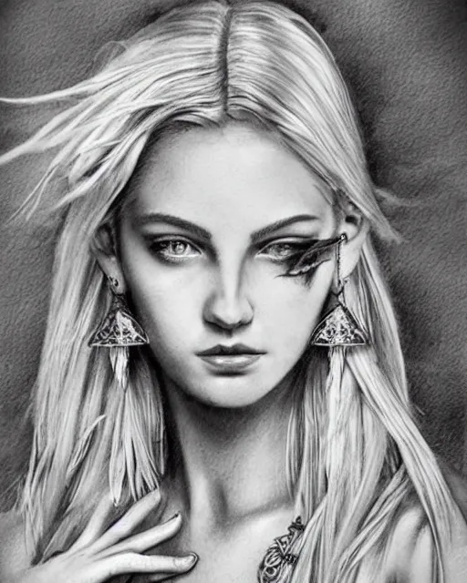 Image similar to tattoo sketch of beautiful greek goddess aphrodite with arrowhead earrings, beautiful feather jewelry, beautiful piercing eyes, flowing blonde hair, realistic face, hyper realistic, in the style of greg rutkowski, fantasy, amazing detail, epic, elegant, smooth, sharp focus, from the front