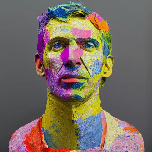 Prompt: a photograph of a man made entirely of colorful papier mache