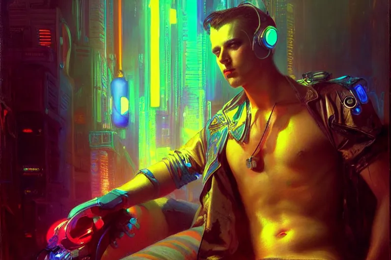 Image similar to cyberpunk style, attractive male, neon lights, painting by gaston bussiere, craig mullins, j. c. leyendecker, tom of finland