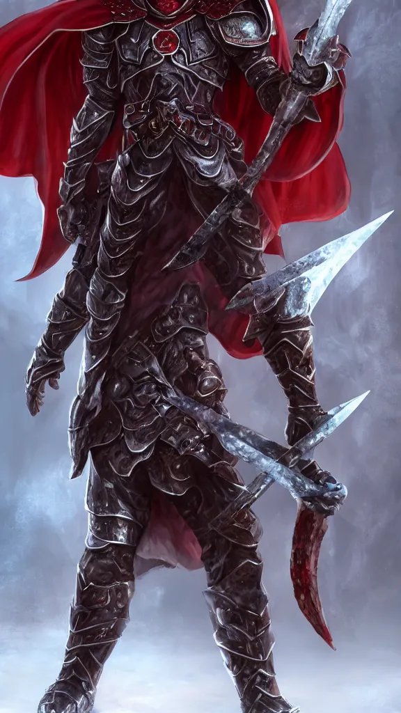 Image similar to male demon holding a obsidian sword, ice metallic armor, red cape, detailed arms, intricate ice armor, two arms, two legs, detailed fanart, rpg art, d&d art, macro art, digital art, DeviantArt, artstation, 8k HD
