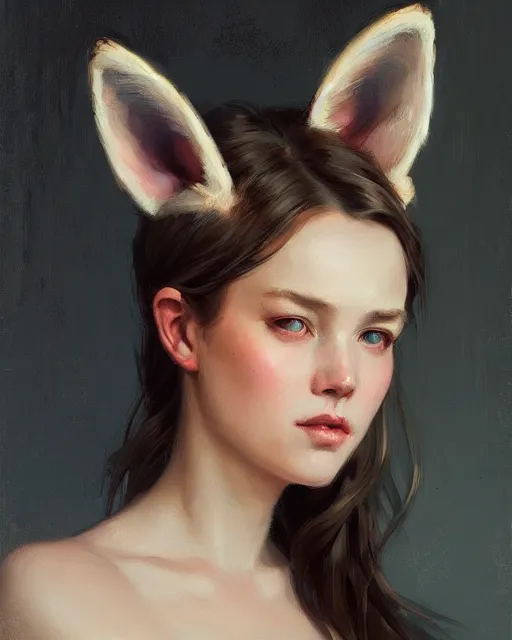 Image similar to a potrait of a girl with fox ears, fine details. night setting. realistic shaded lighting poster by craig mullism, artgerm, jeremy lipkin and michael garmash, unreal engine, radiant light, detailed and intricate environment, digital art, trending on art station