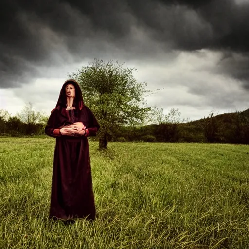 Prompt: pagan standing in a field with traditional pagan Halloween cosrume with dark clouds in the sky, photo journalism, photography, cinematic, national geographic photoshoot, vintage photo