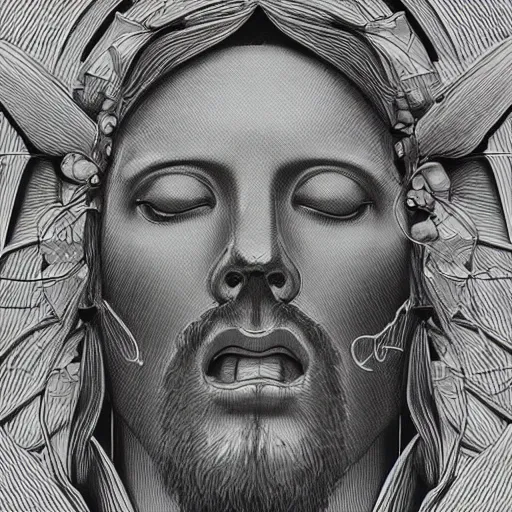 Image similar to the transfiguration of jesus christ, an ultrafine detailed painting by james jean, greyscale, behance contest winner, vanitas, angular, altermodern