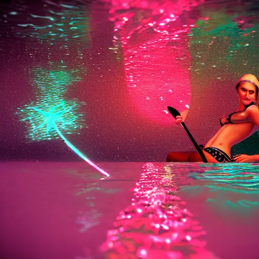 Prompt: bikini girl bioluminescent bacteria in water paddleboarding at night by highway man painting, stars, galaxies, photorealistic, high resolution, vray, hdr, hyper detailed, insane details, intricate, elite, ornate, elegant, luxury, dramatic lighting, octane render, weta digital, micro details, 3 d sculpture