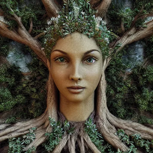 Image similar to godess of trees, octane render, 4 k, intricate, detailed