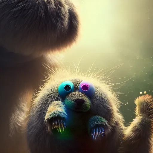 Prompt: furry creature, portrait, micro - organisms, marine microbiology, water bear, robots, electric, fur, soft, concept art, intricate details, highly detailed, photorealistic, disney pixar, octane render, iridescent, anime, 8 k