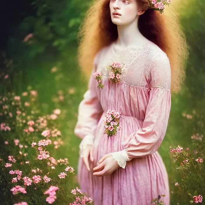 Image similar to Kodak Portra 400, 8K, soft light, volumetric lighting, highly detailed, britt marling style 3/4 ,portrait photo of a beautiful woman how pre-Raphaelites painter, a beautiful pink detailed lace dress and hair are intricate with highly detailed realistic beautiful flowers , Realistic, Refined, Highly Detailed, natural outdoor soft pastel lighting colors scheme, outdoor fine art photography, Hyper realistic, photo realistic,warm backlight