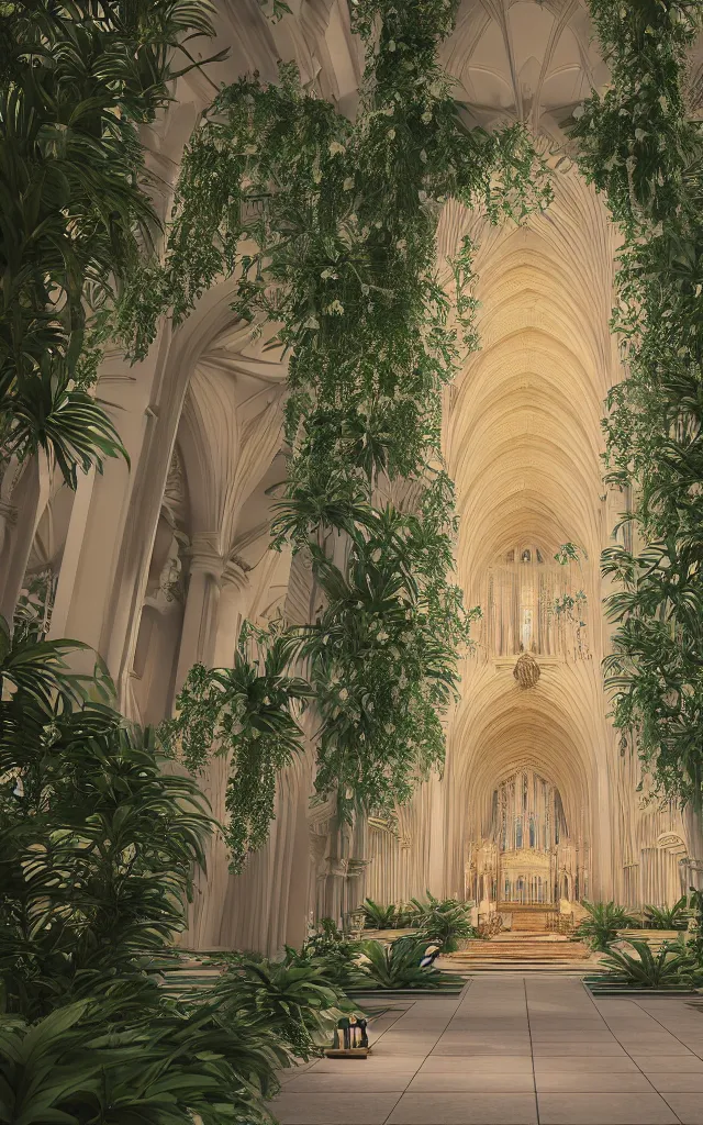 Image similar to beautiful grand cathedral interior with!! koi pond!! in the! middle! surrounded by palm trees, ivy,!! flowers!!, ( tropical plants ),!! roses!!, and with archways, rendered in octane render with photorealistic volumetric cinematic lighting, wide angle, horizontal symmetry, symmetrical! 8 k