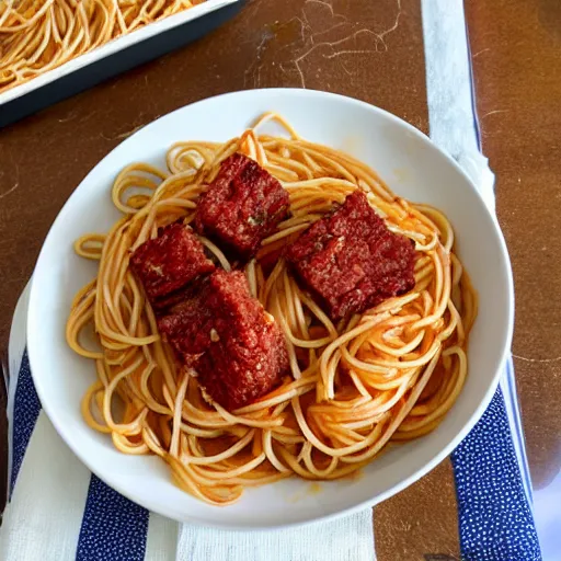 Image similar to spaghetti and meat cubes