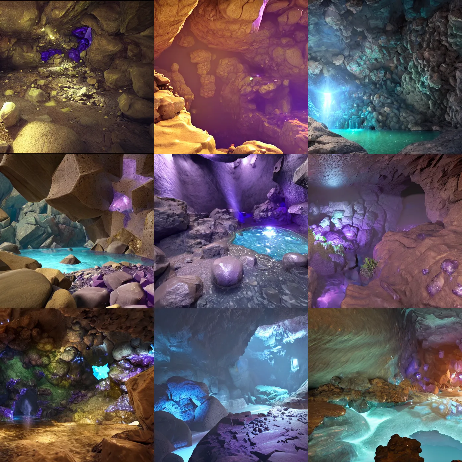 Prompt: cave filled with lots of rocks and water, glittering walls, amethyst, 3 d render by senior environment artist, sci fi, polycount, light and space, playstation 5 screenshot, unreal engine 5