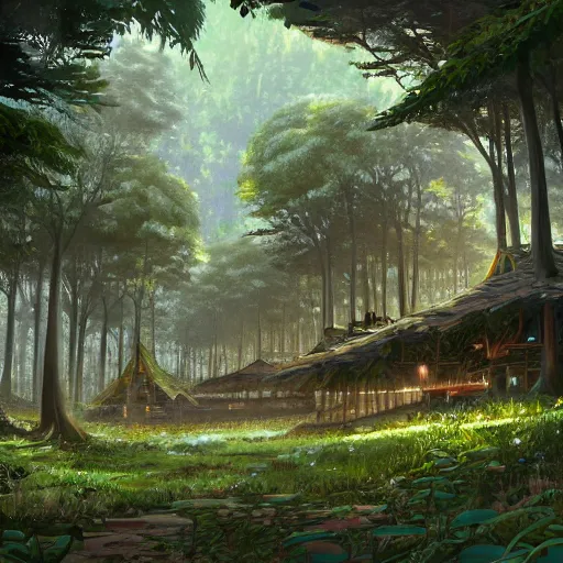 Image similar to concept art painting of a forest with treehouses made of trees and roots, treehouses inside trees, vines, deep forest, realistic, detailed, cel shaded, in the style of makoto shinkai and greg rutkowski and james gurney