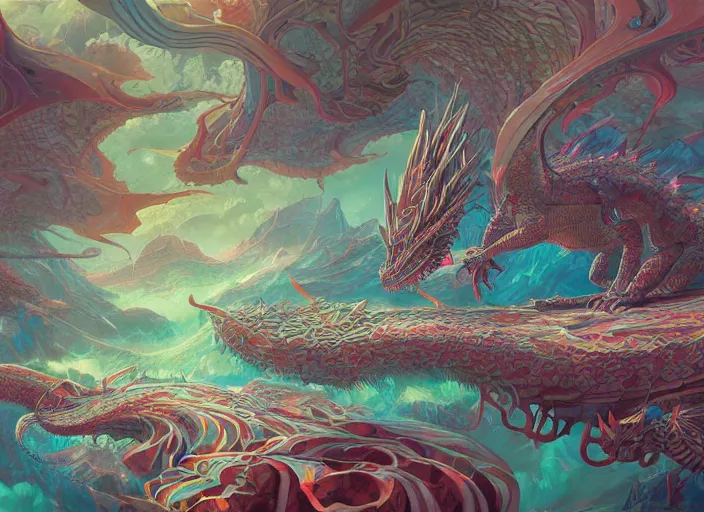 Image similar to psychedelic concept art painting of a dragon landscape made of thousands of dragons, detailed, cel shaded, in the style of makoto shinkai and moebius and peter mohrbacher and anton fadeev