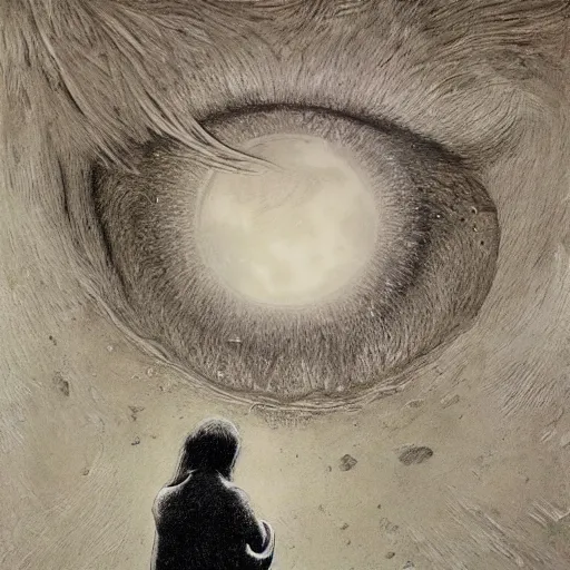 Prompt: portrait of the moon, time flying by in barbes rochechouart, regrets, melancholy, absent father, odissey, gritty feeling, moon, moonlight, at night, wandering in the city, stone, chaotic punk, oil painting, by beksinski, by kurosawa, by kiarostami, intense emotion