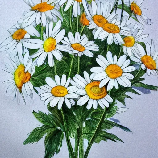 Image similar to a perfect, realistic professional digital sketch of daisies, by pen and watercolor, by a professional Chinese Korean artist on ArtStation, on high-quality paper