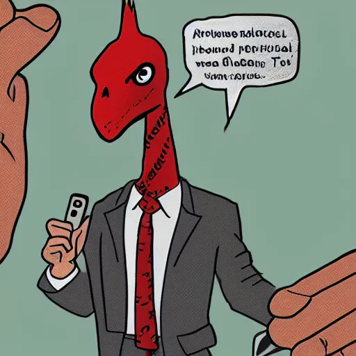 Prompt: a detailed illustration of an anthropomorpich velciraptor wearing a suit and talk with a phone