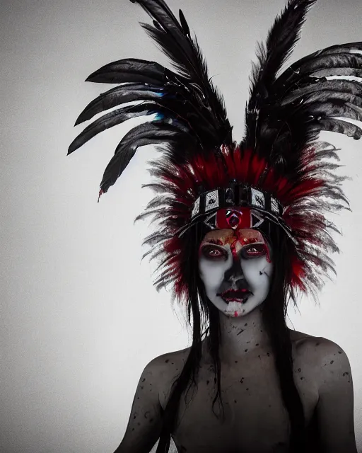 Image similar to the ghost - spirit of the grim - warpaint wears the scarlet skull armor and native blood headdress feathers, midnight fog - mist!, cinematic lighting, various refining methods, micro macro autofocus, ultra definition, award winning photo