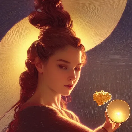 Image similar to Portrait of a box of popcorn, moon in the background, intricate, elegant, highly detailed, digital painting, artstation, concept art, smooth, sharp focus, illustration, art by artgerm and greg rutkowski and alphonse mucha