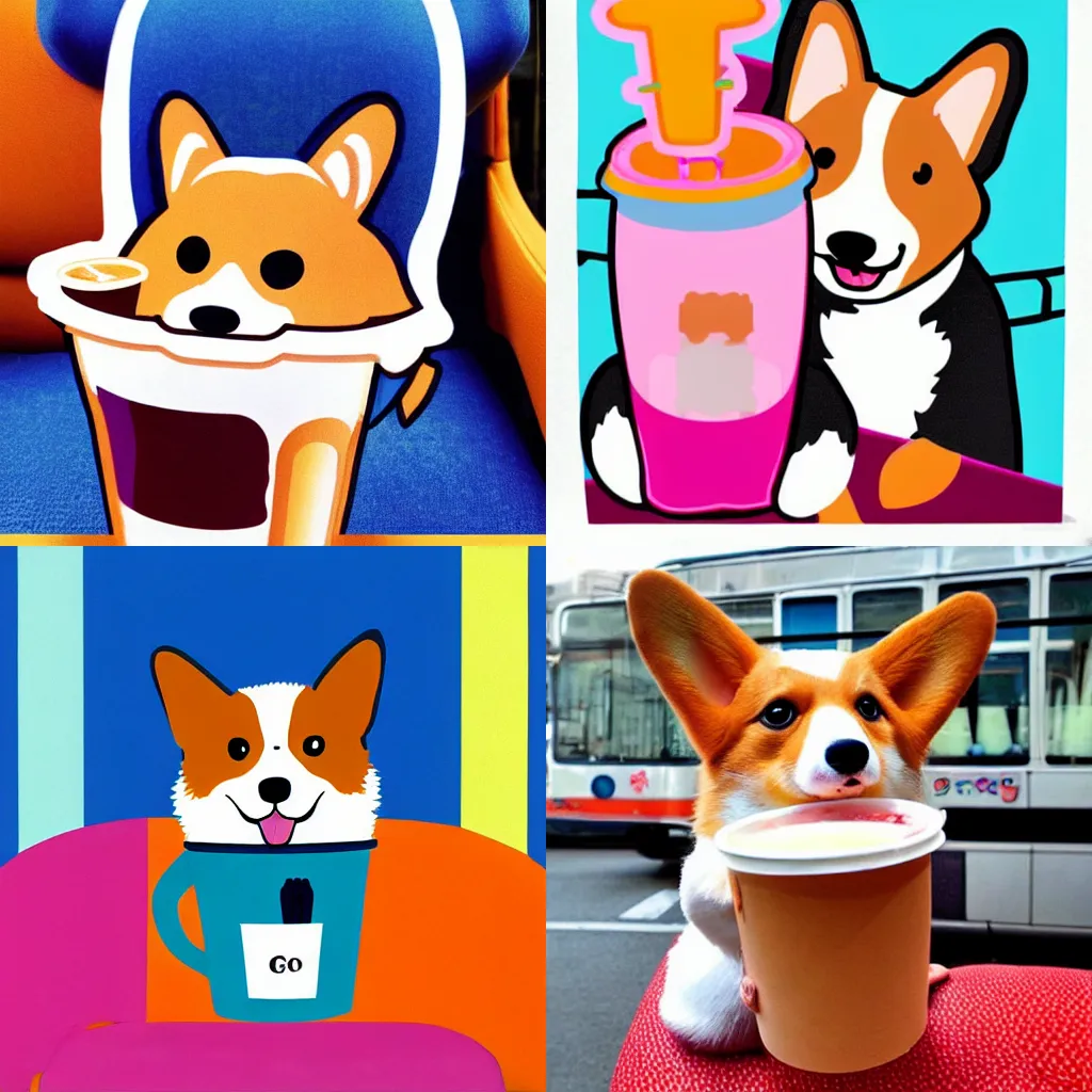 Prompt: a cute corgi sitting on a coach, drinking boba milk tea! style of memphis group, 1 9 8 0 s, bold, kitch, colorful, shapes!