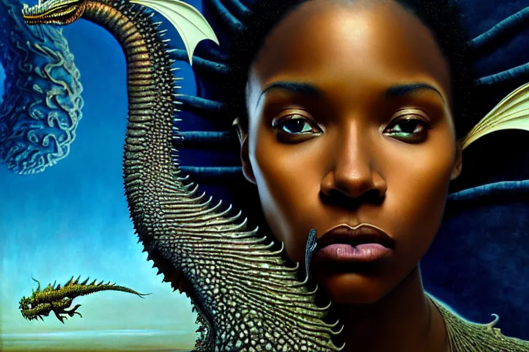 Image similar to realistic detailed photorealistic film portrait shot of a beautiful black woman with a dragon, sci-fi landscape background by Denis Villeneuve, Amano, Yves Tanguy, Alphonse Mucha, Ernst Haeckel, Andrei Tarkovsky, Edward Robert Hughes, Roger Dean, rich moody colours, wide angle, blue eyes