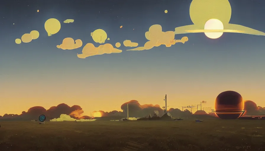 Prompt: clouds floating in front of the sun in space, simon stalenhag, art deco painting