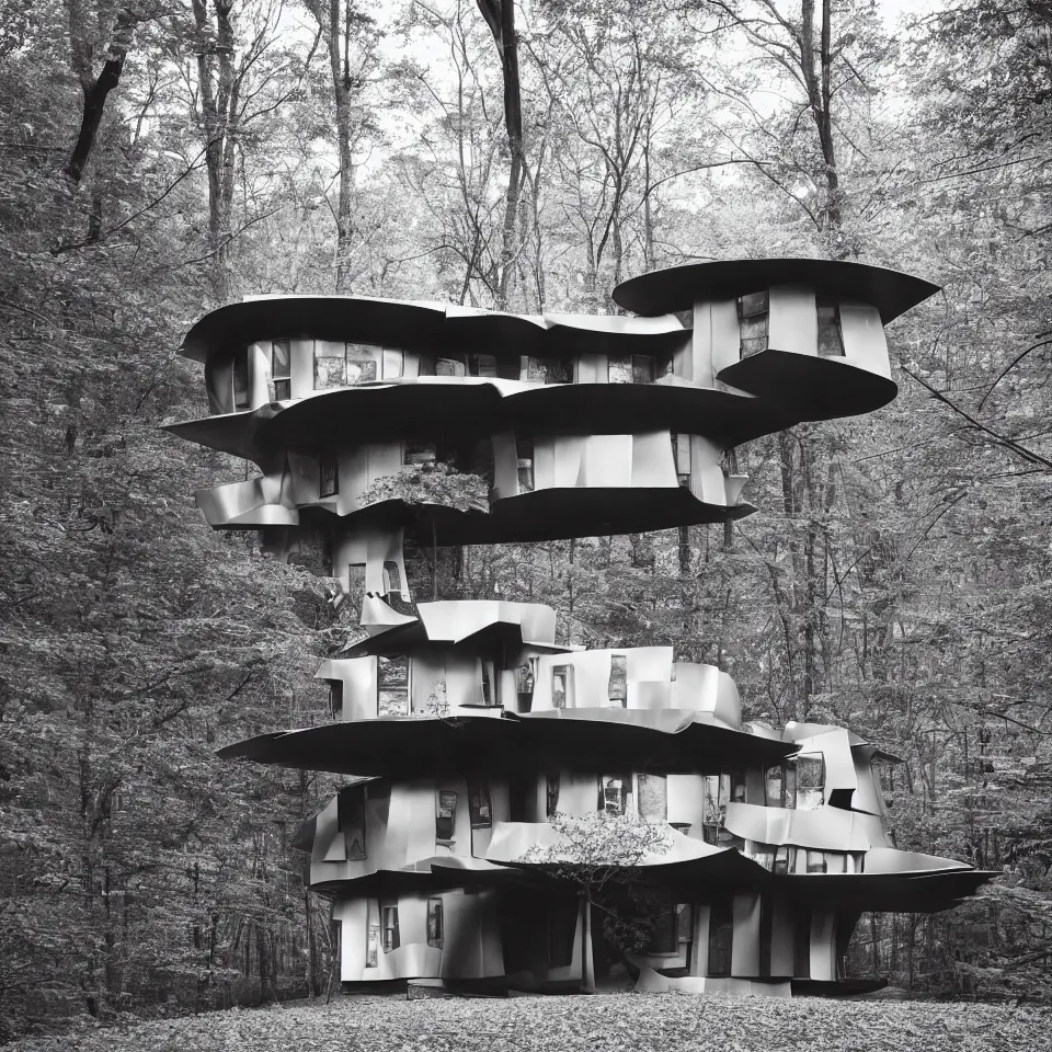 Image similar to architecture ad for a mid-century modern house in the middle of the forrest, designed by Frank Gehry. Film grain, cinematic, grayscale, yellow hue