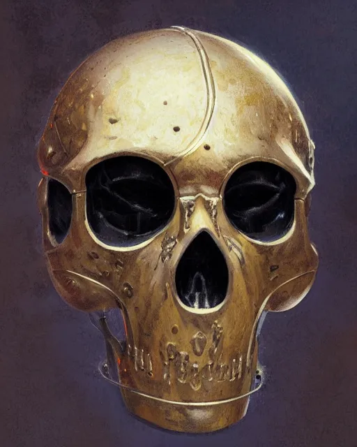 Image similar to three quarter view of a knights helmet gold skull face mask by donato giancola and greg rutkowski, vintage retro scifi, realistic face, digital art, trending on artstation