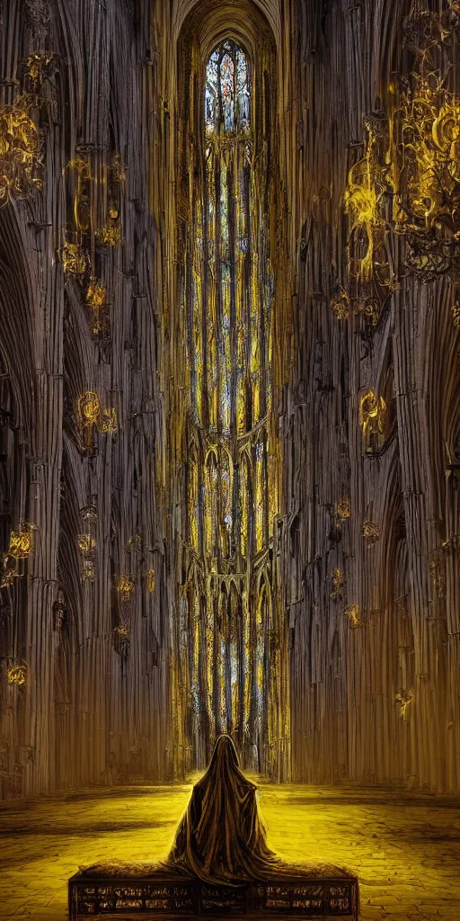 Image similar to a tall towering huge pale human wearing a yellow garment sitting upon an ornate stone throne, 4K, digital art, lovecraftian, artstation, horror, dramatic, wearing a long yellow rotting garment, dark, hyperrealistic, perspective, complex (((dark))) cathedral background with volumetric lights coming in through cathedral windows, dark background, highlights,