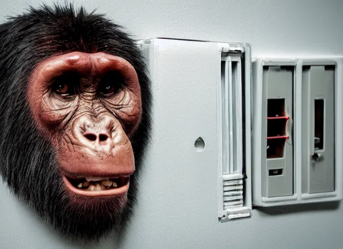 Image similar to scary half human half ape inside fuse box in post communist apartment building