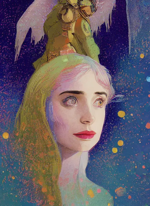 Image similar to a close up gouache painting portrait of emma roberts krysten ritter as the angel of the apocalypse in the style of horizon zero dawn, by victo ngai, by odilon redon, by delphin enjolras, by hikari shimoda,.