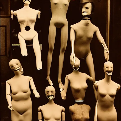 Image similar to a manikin party, wax manikin heads, smiling, photograph, style of atget, nightmare, concept art, creepy