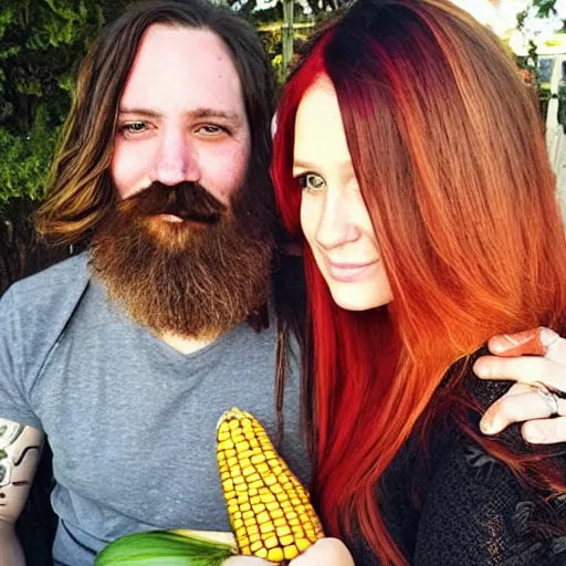 Prompt: photo of an attractive couple. The woman has long straight red hair. The man has a dark thick neatly groomed beard and tattoos. They are holding a giant corn and a cute baby.