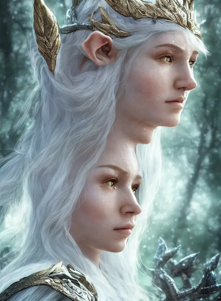 Image similar to a closeup portrait of an elven queen from skyrim wearing white mithril armor, fantasy setting, forest environment, serene colors, soft lighting, atmospheric, cinematic, moody, in the style of diego koi, gina heyer, luiz escanuela, art by alyssa monk, depth, hyperrealism, rule of thirds, golden ratio, oil on canvas, 8 k