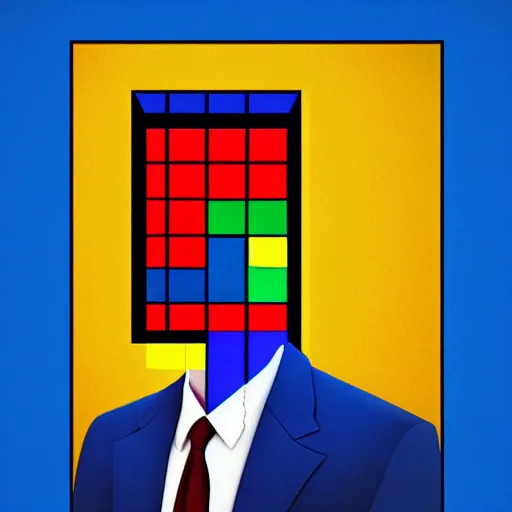 Image similar to ultra realistic portrait ofa man in suit in a studio, ultra detailed, under blue, red and yellow cinematic lighting, salvador dali, cartoon, monument valley, escher