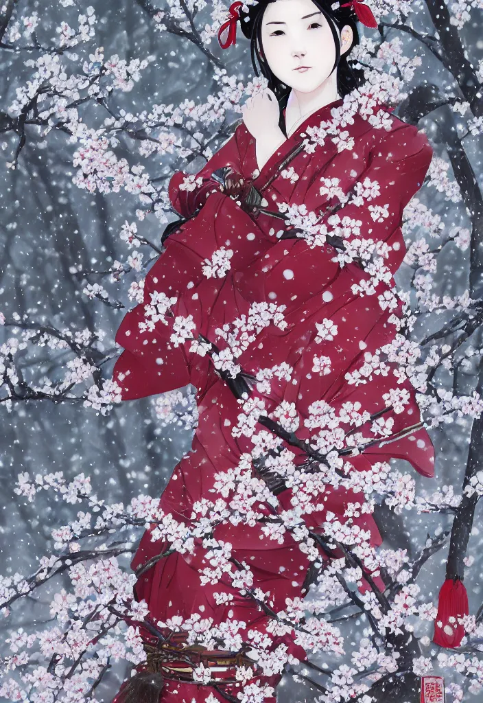 Image similar to detailed portrait of girl samurai in hakama with swords and rifles, in snow forest sakura cherry blossom, taisho roman, by wlop and krenz kushart, elite, elegant, luxury, perfect face, fine details, realistic shaded, fine - face, pretty face