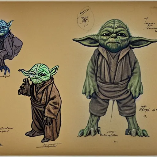 Prompt: Vintage, detailed, colored sketch of Yoda's anatomy, full body, with full descriptions, on parchment