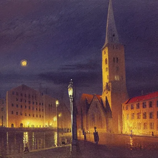 Image similar to city, church, night, dramatic light, oil painting, by caspar david friedrich