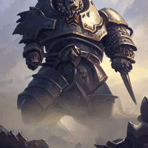 Image similar to heavy armored knight with the head of a lion, epic fantasy style, in the style of Greg Rutkowski, hearthstone artwork