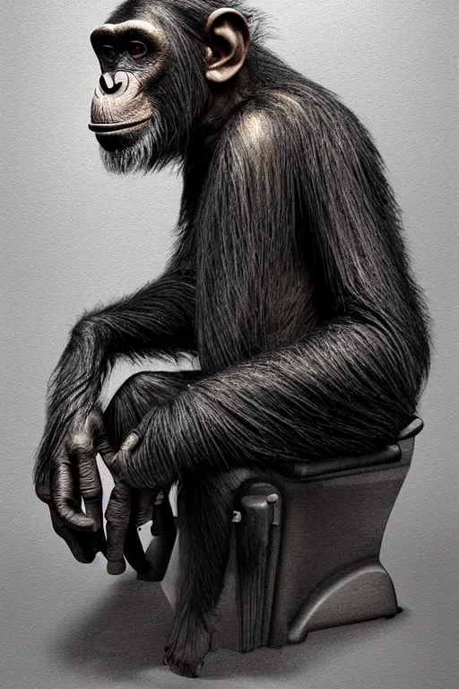 Image similar to portrait of an old chimpanzee dressed as a homeless and seated in the barber shop chair, intricate wrinkles, dystopian sci-fi, evening light, extremely detailed, hands, digital painting, sculpted in zbrush, artstation, concept art, smooth, sharp focus, illustration, chiaroscuro lighting, golden ratio, incredible art by Stanley Artgerm Lau and Greg Rutkowski, composition by Alphonse Mucha and Simon Stalenhag