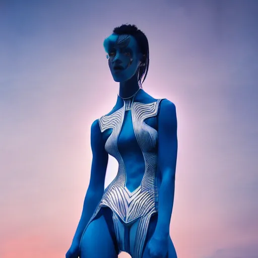 Image similar to Fashion photography of a woman wearing a futuristic outfit inspired by Avatar (2009), artistic photography, cinematic lighting, insanely detailed, cinestill 800t, Vogue magazine